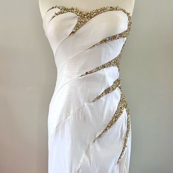 🚨SALE🚨 La Femme White Gold Beaded Strapless Trumpet Gown Prom Dress 4 - Picture 4 of 16